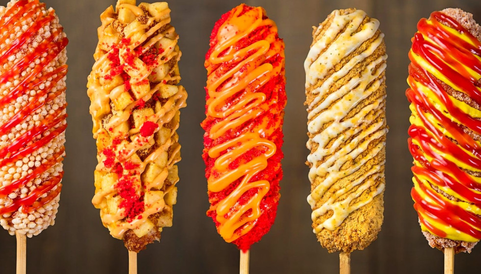 Colorful gourmet corn dogs topped with various sauces and seasonings on wooden sticks.