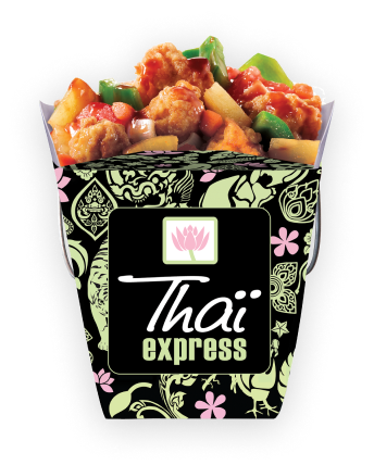 Colorful Thai Express container filled with delicious stir-fried vegetables and chicken.