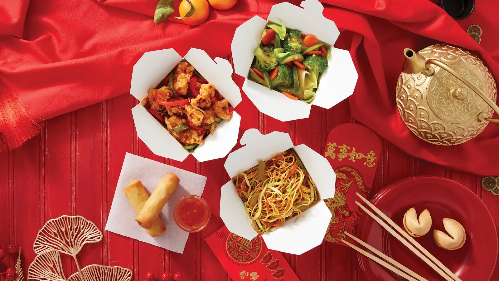 Asian takeout dishes including orange chicken, vegetables, chow mein, and spring rolls with Lunar New Year decorations on a red background.